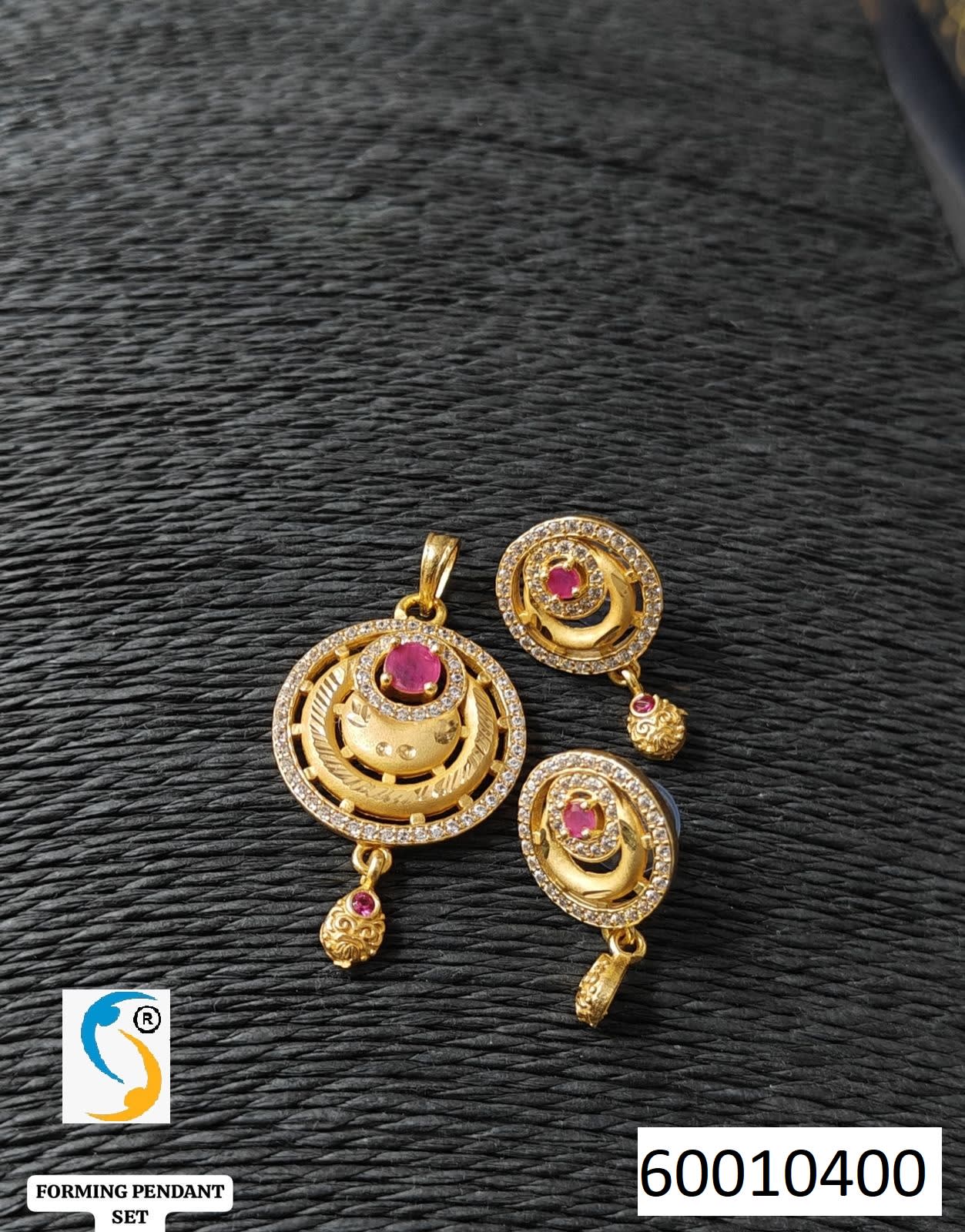 High Gold Plated Stunning American Diamond And Pink Diamond Studded Forming Designer Round Shape Pendent Set - Image 3