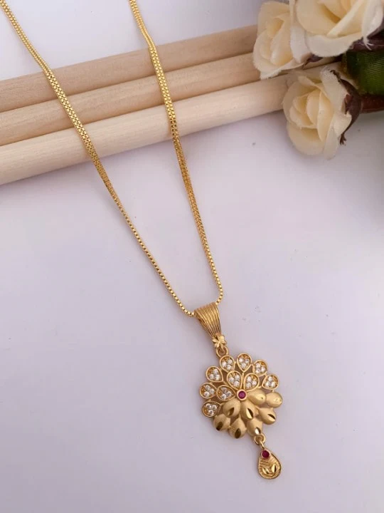 Micro Gold Plated Ad Diamond Studded Fancy Flower Pendant Set With Chain - Image 3