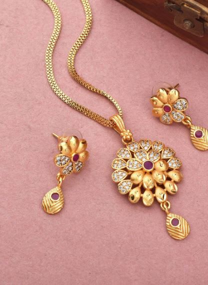 Micro Gold Plated Ad Diamond Studded Fancy Flower Pendant Set With Forming Chain For Women - Image 4