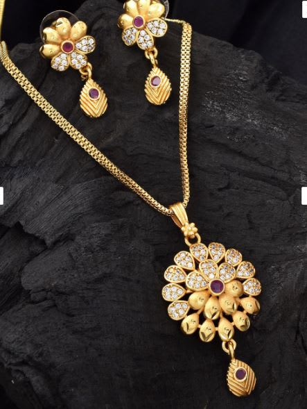 Micro Gold Plated Ad Diamond Studded Fancy Flower Pendant Set With Forming Chain For Women - Image 5