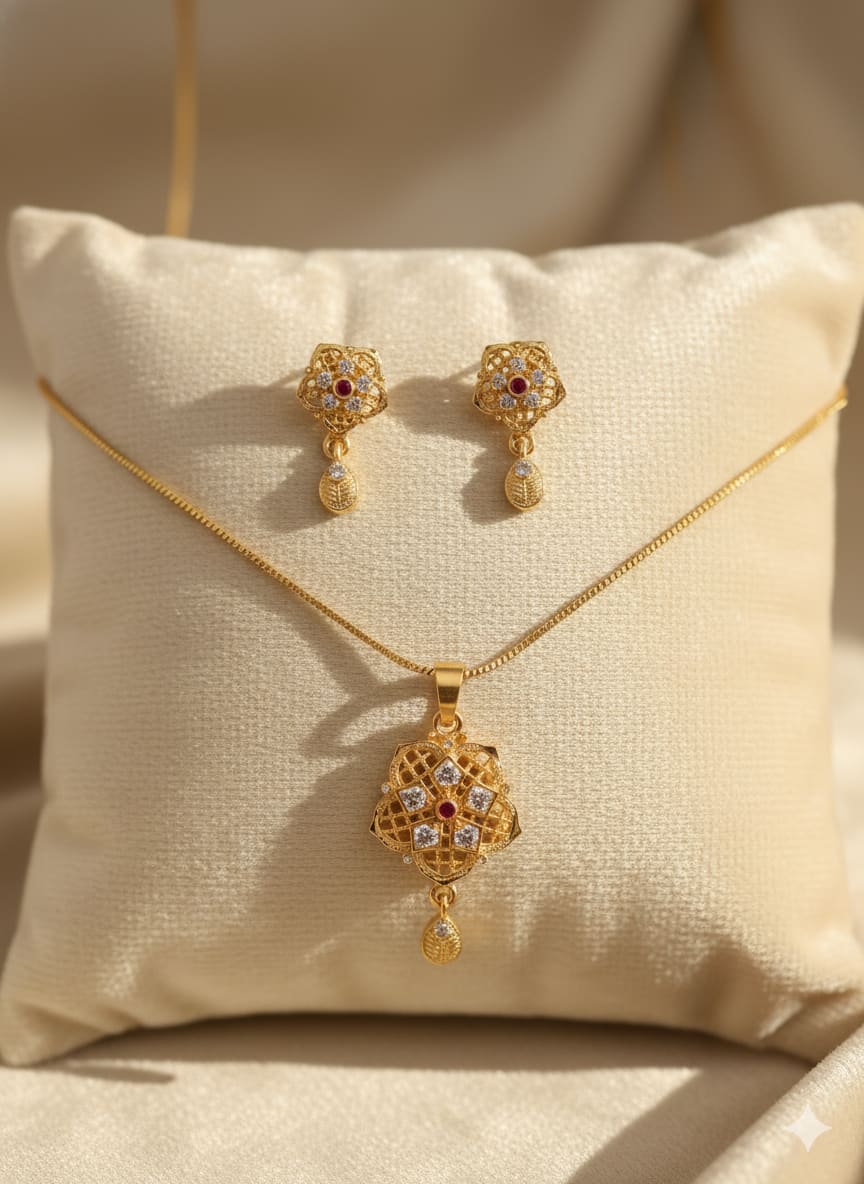 High Gold Plated Ad Diamond Studded Fancy Forming Pendant Set With Earrings - Image 3