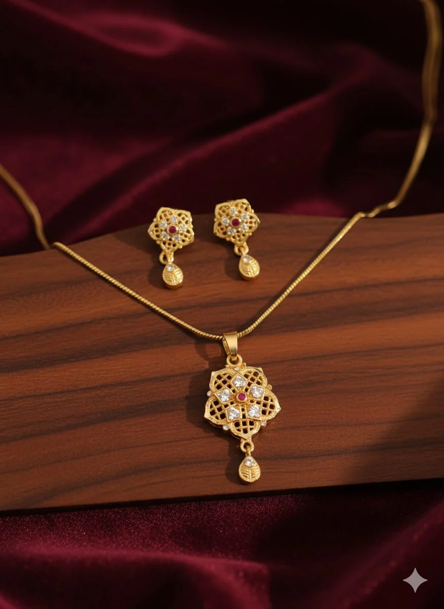 High Gold Plated Ad Diamond Studded Fancy Forming Pendant Set With Earrings - Image 4