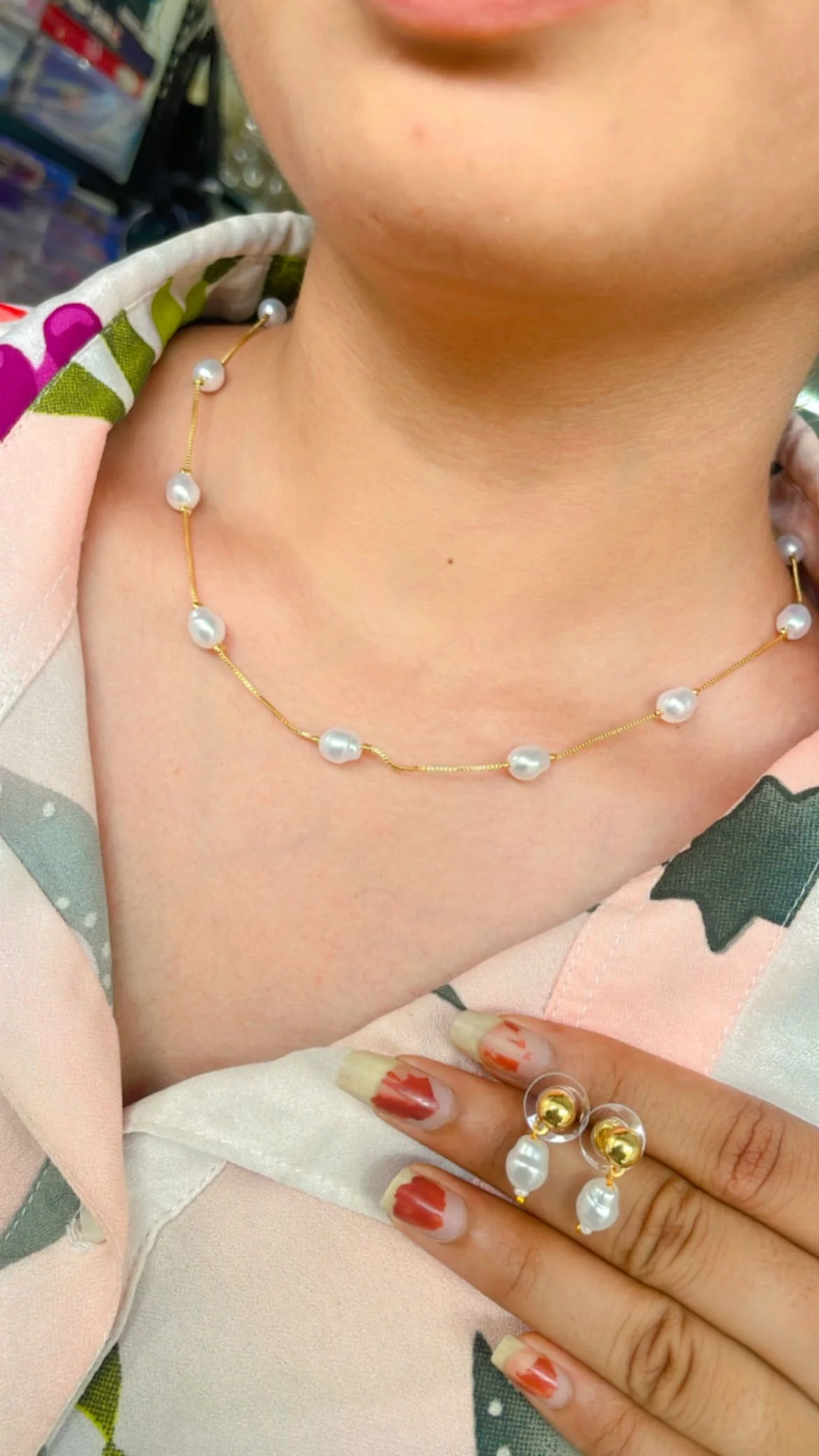 Gold Plated Pearl Drop Fancy Chain Necklace With Earrings For Women - Image 3