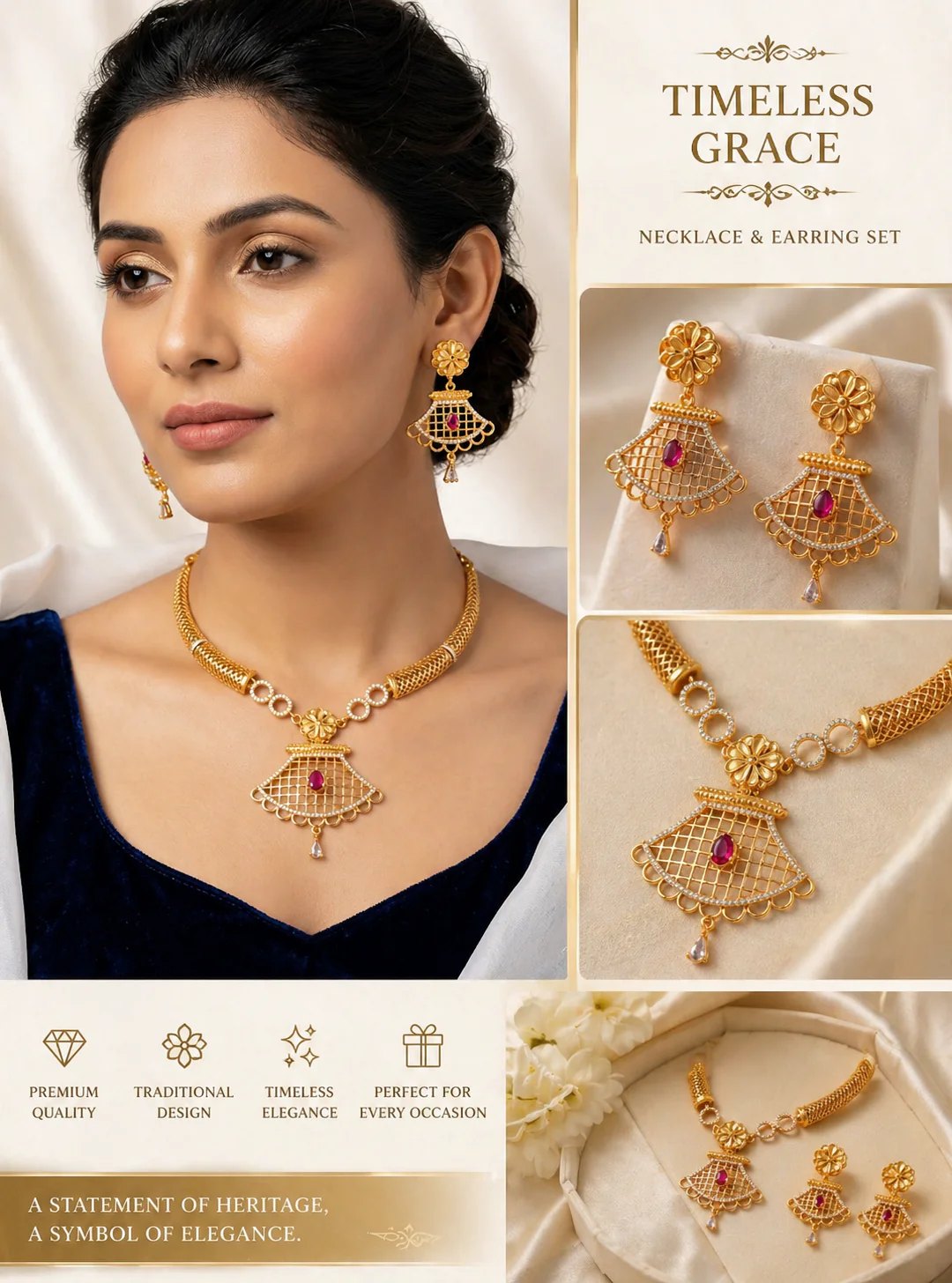 Elegant Gold-Plated Ruby Drop Pendant Necklace Set with Traditional Earrings - Image 4