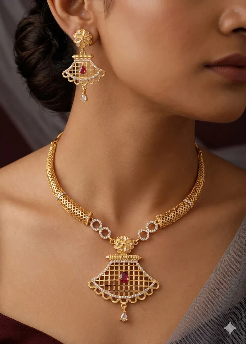 Elegant Gold-Plated Ruby Drop Pendant Necklace Set with Traditional Earrings - Image 5