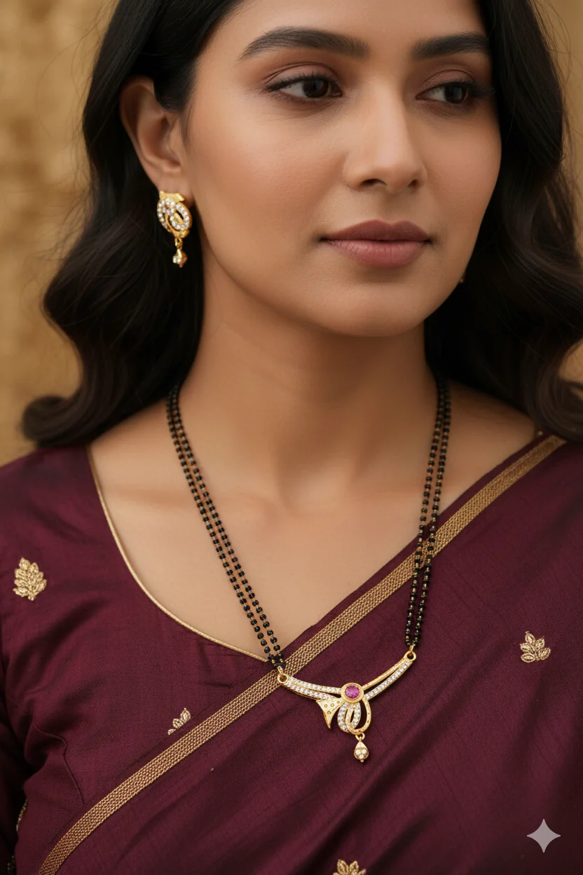 Elegant Micro Gold Plated AD Diamond 24 inches Mangalsutra with Ruby Accent Pendant and earring. - Image 3