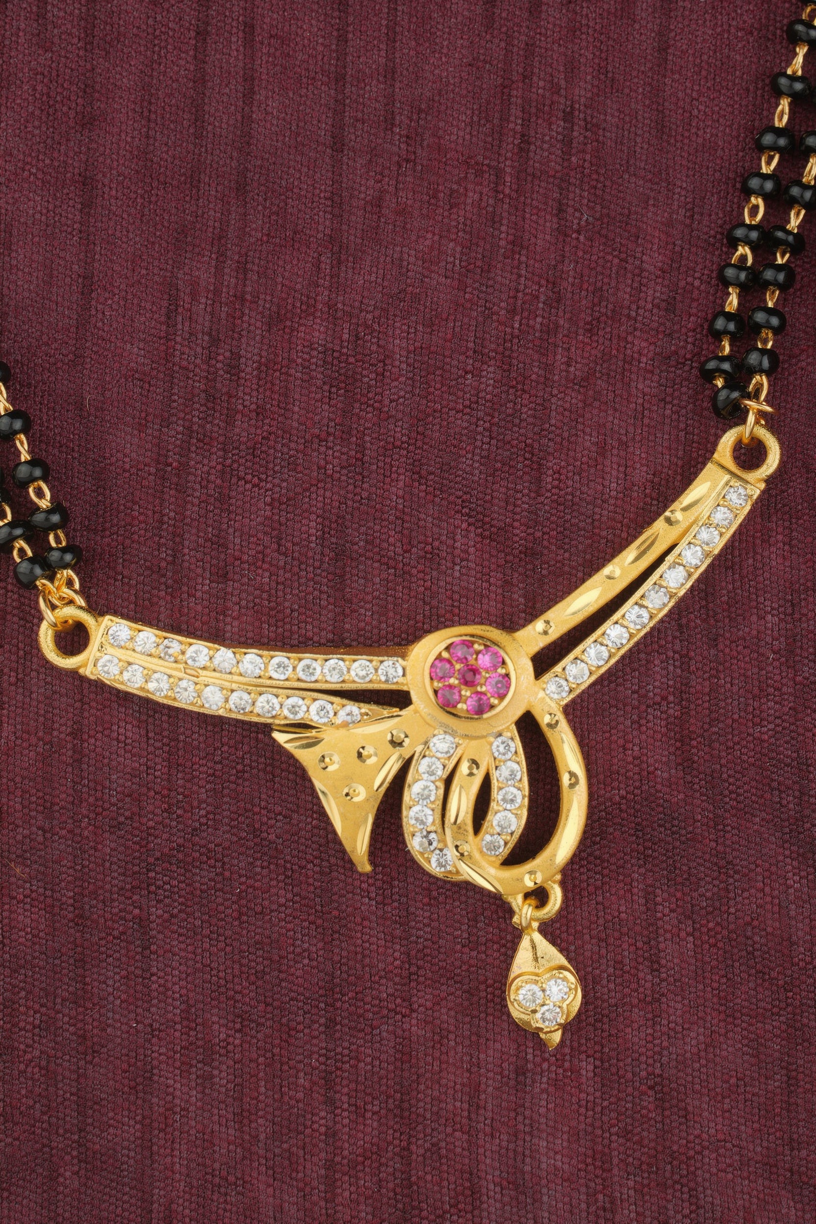 Elegant Micro Gold Plated AD Diamond 24 inches Mangalsutra with Ruby Accent Pendant and earring. - Image 4