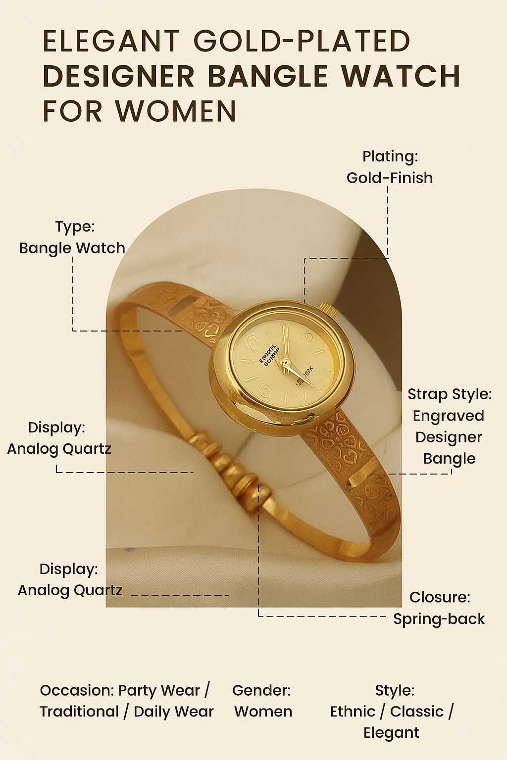 Gold Plated White Dial Adjustable Bracelet Watch For Women - Image 3