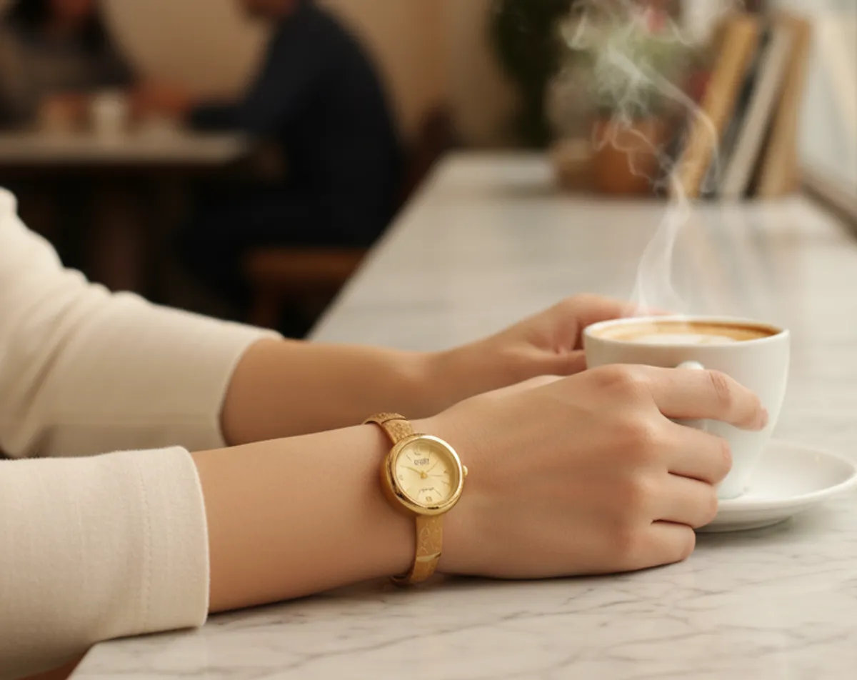 Gold Plated White Dial Adjustable Bracelet Watch For Women - Image 7