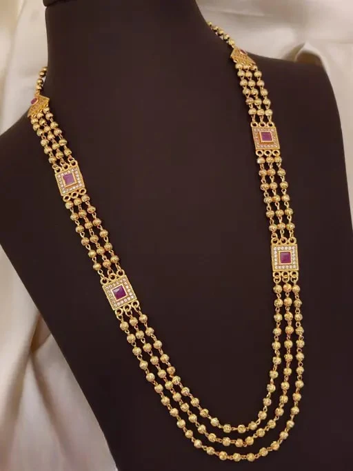 Designer High Gold Plated Ad Diamond Studed Ruby Square Mala - Image 3