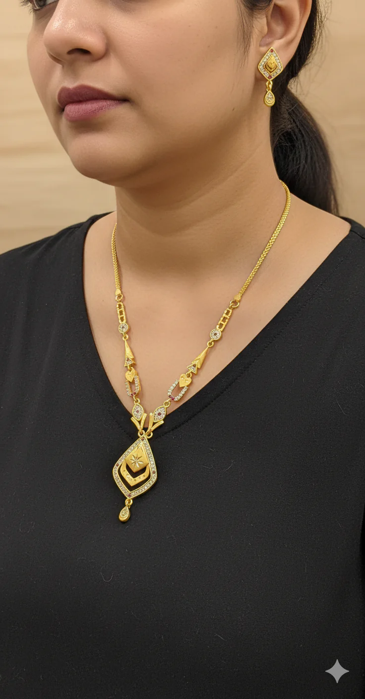 micro gold plated ad diamond studed fancy oval necklace with earing - Image 3