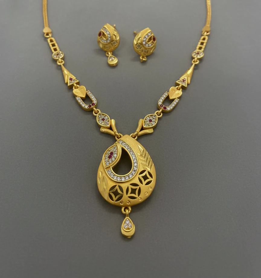 micro gold plated ad  diamond studed fancy oval  pendent set with earring - Image 3