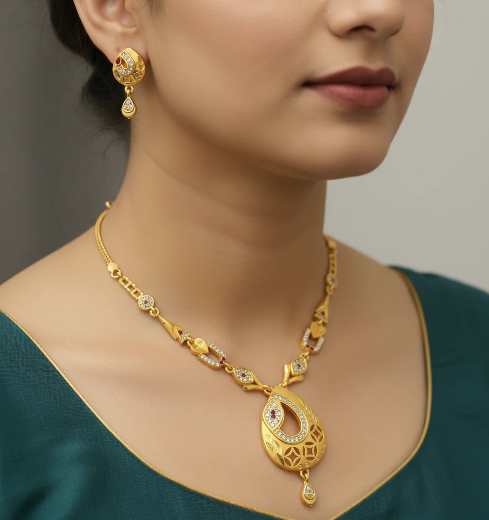 micro gold plated ad  diamond studed fancy oval  pendent set with earring - Image 4