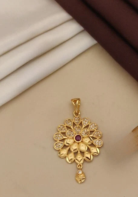 High Gold Plated Ruby Stone Studed Fancy Flower Pendent Set With Ring - Image 4