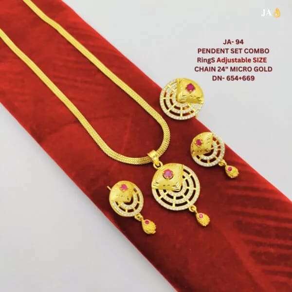 High Gold Plated Ad Diamond Studed Fancy Roud Design Pendent Chain With Ring - Image 4