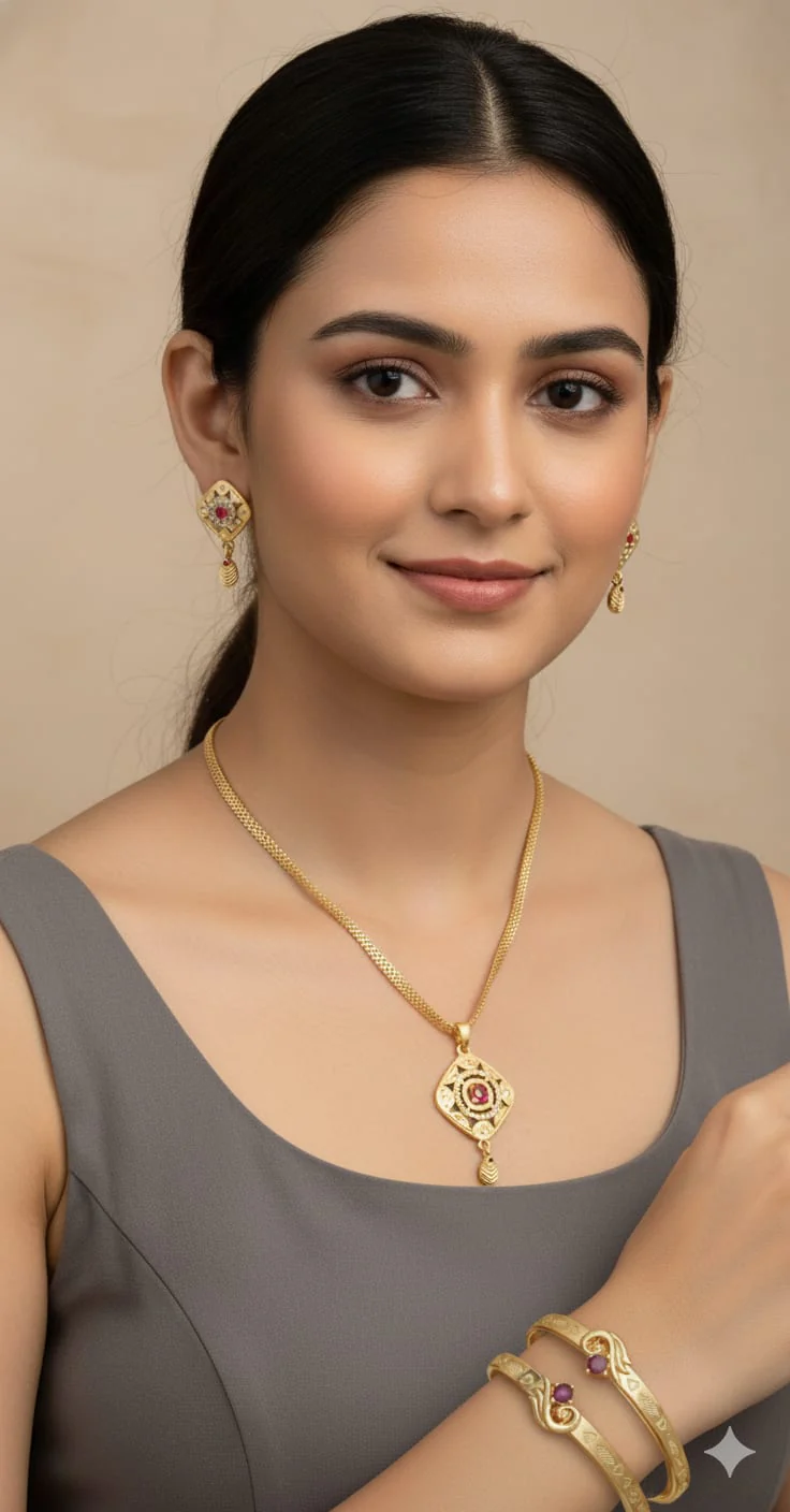 Micro Gold Plated Ad Diamond Square Pendant Set With Flower Adjustable Kadli Bangle - Image 3