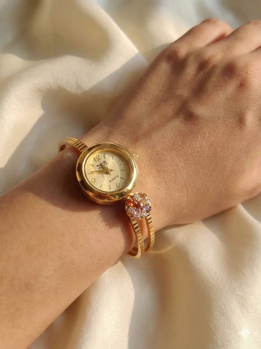 Stylish Gold-Tone Free Size Brass Women’s Watch Bracelet - Image 3